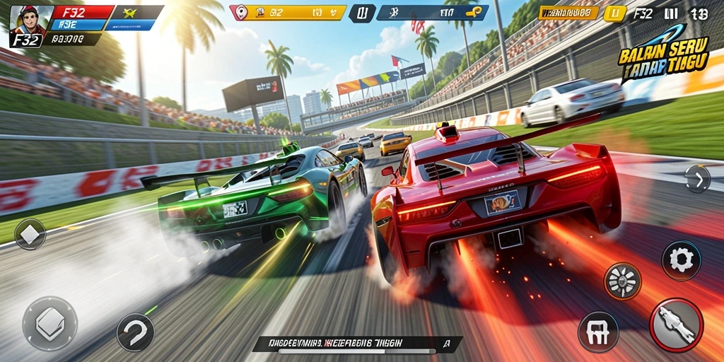 Gameplay F32 menampilkan balapan menegangkan di lintasan yang bervariasi.