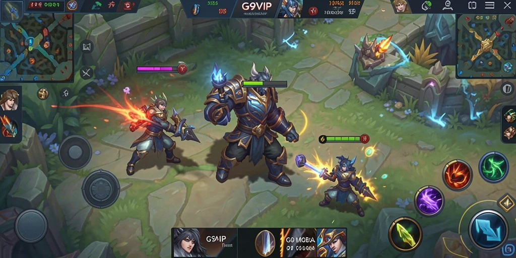Screenshot G9VIP menampilkan aksi pertarungan epik dalam gameplay MOBA.