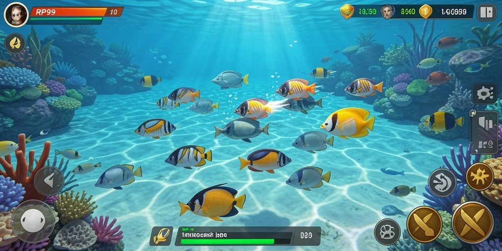 Tangkapan layar gameplay RP99 yang menampilkan aksi Tembak Ikan yang seru.